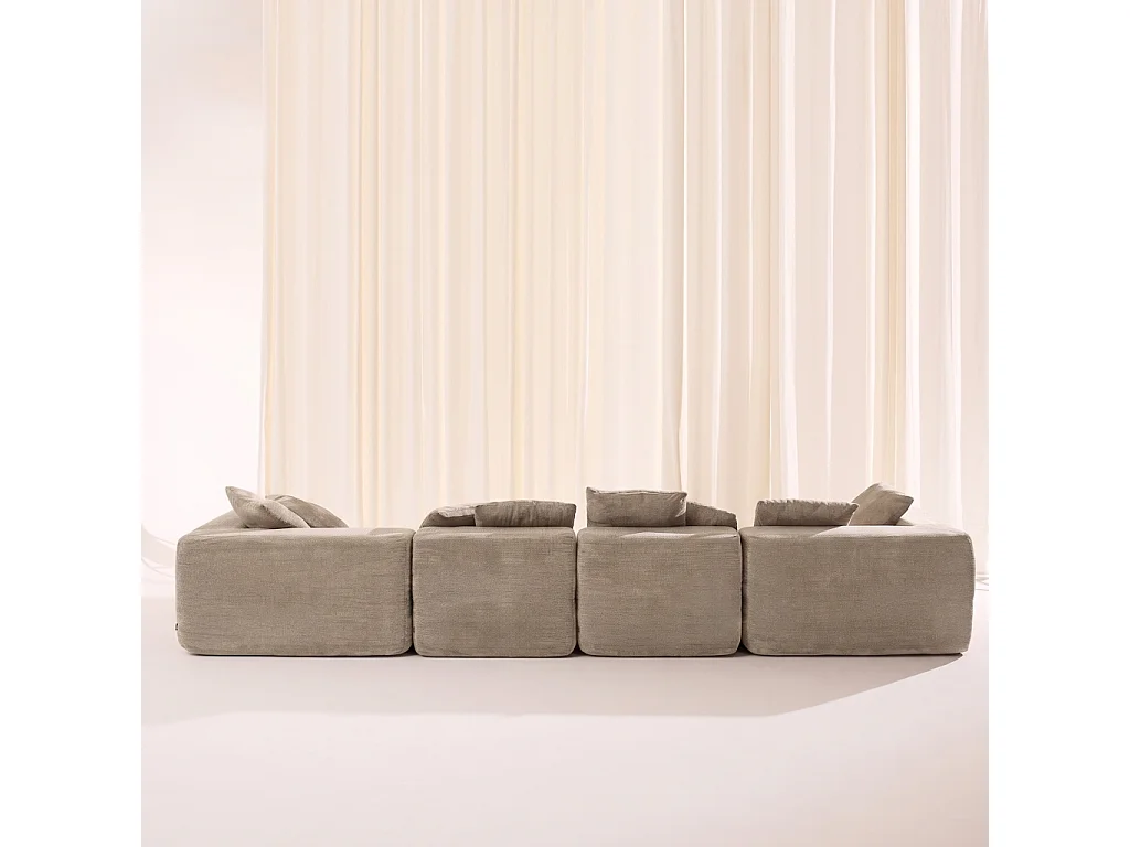 Divano modulare sottovuoto e compresso in tessuto ciniglia, 5 posti, Movi, Beige scuro, 362x110x62