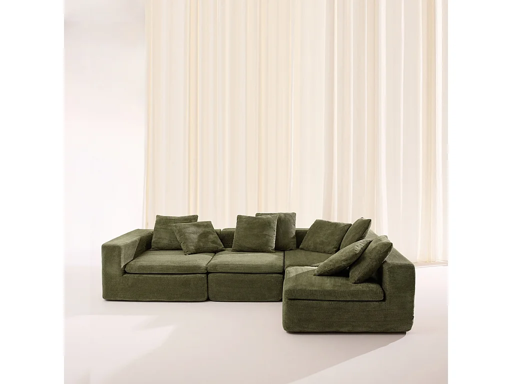 Sofá envasado al vacío modular de tela chenilla, 5 plazas, Verde