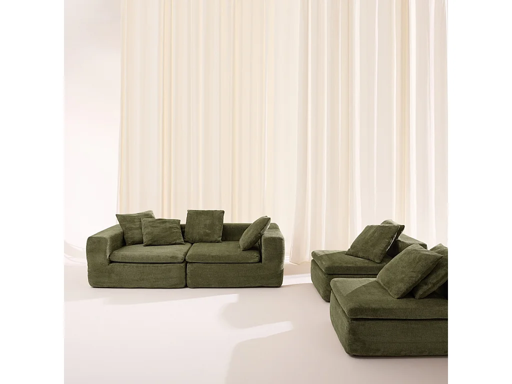 Sofá envasado al vacío modular de tela chenilla, 5 plazas, Verde