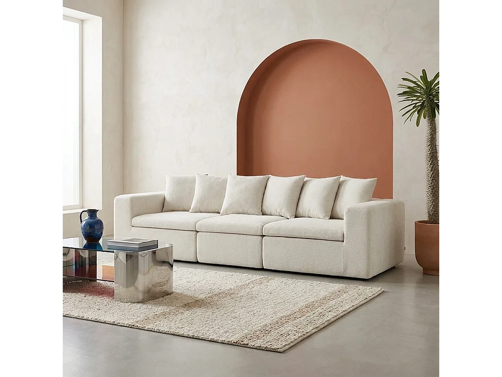 Canapé modulable tissu chenille 4 places blanc - Movi