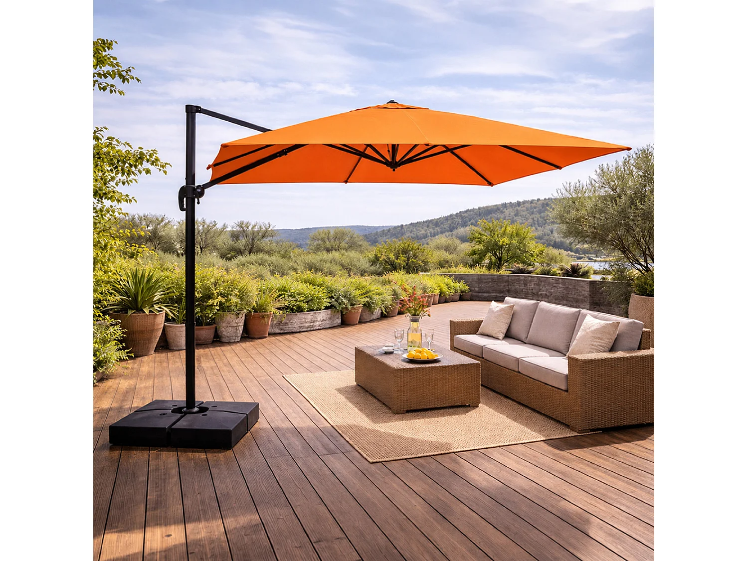 Parasol rectangulaire 3x4 déporté rotatif orange en aluminium CEZIR