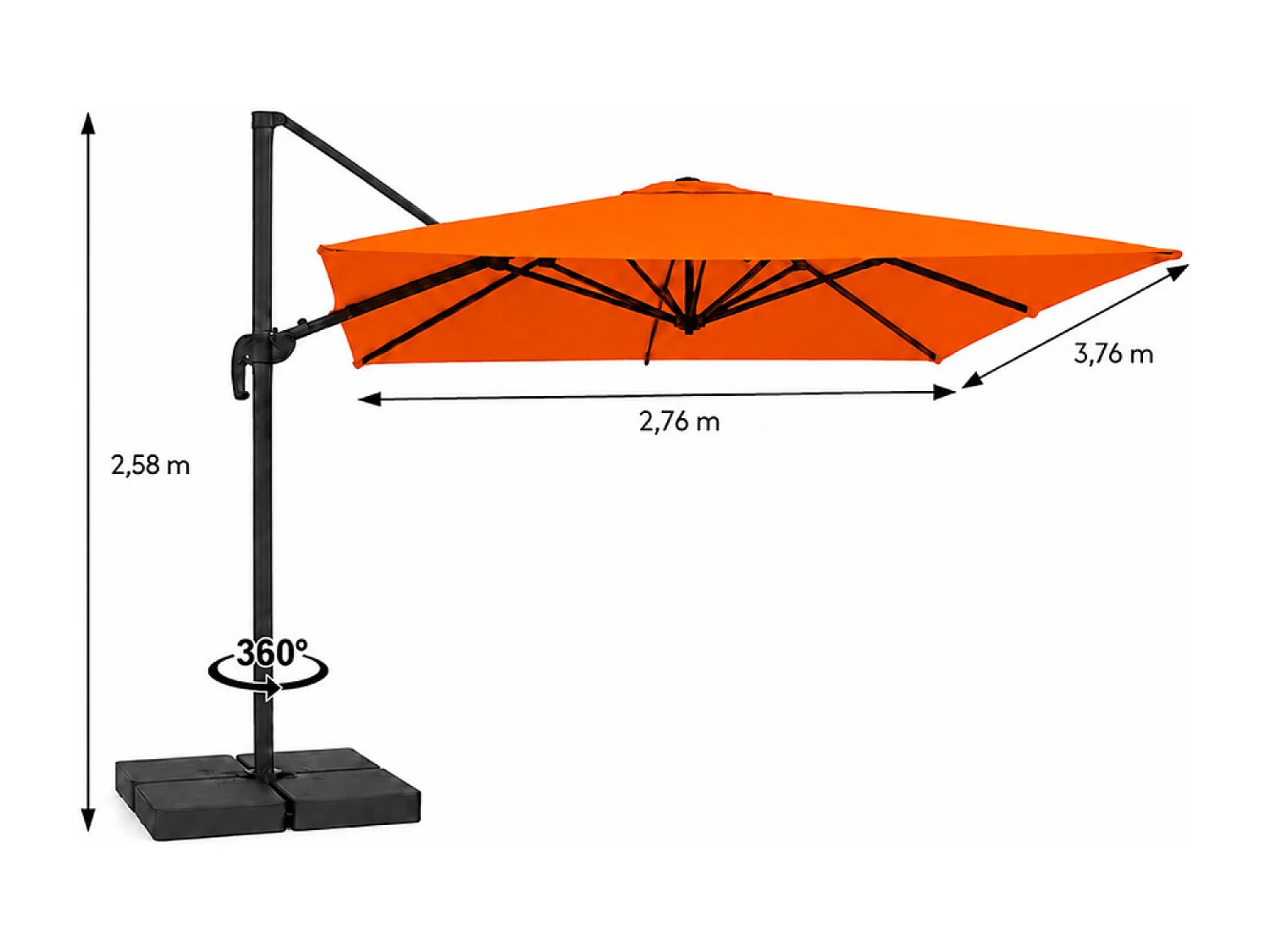 Parasol rectangulaire 3x4 déporté rotatif orange en aluminium CEZIR