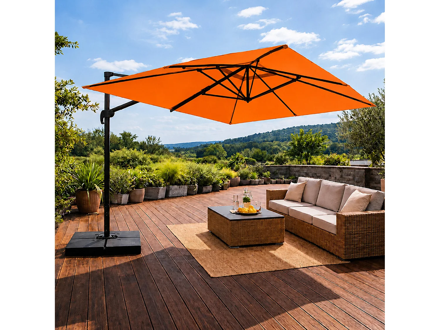 Parasol rectangulaire 3x4 déporté rotatif orange en aluminium CEZIR