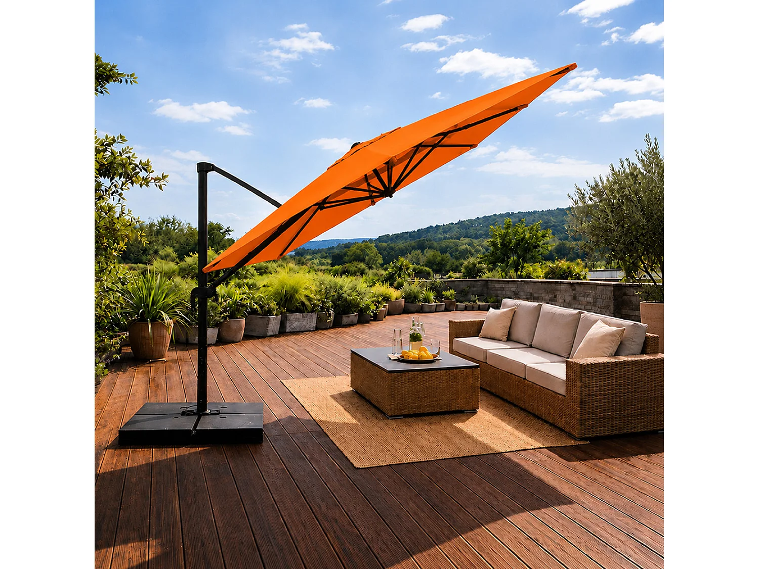 Parasol rectangulaire 3x4 déporté rotatif orange en aluminium CEZIR