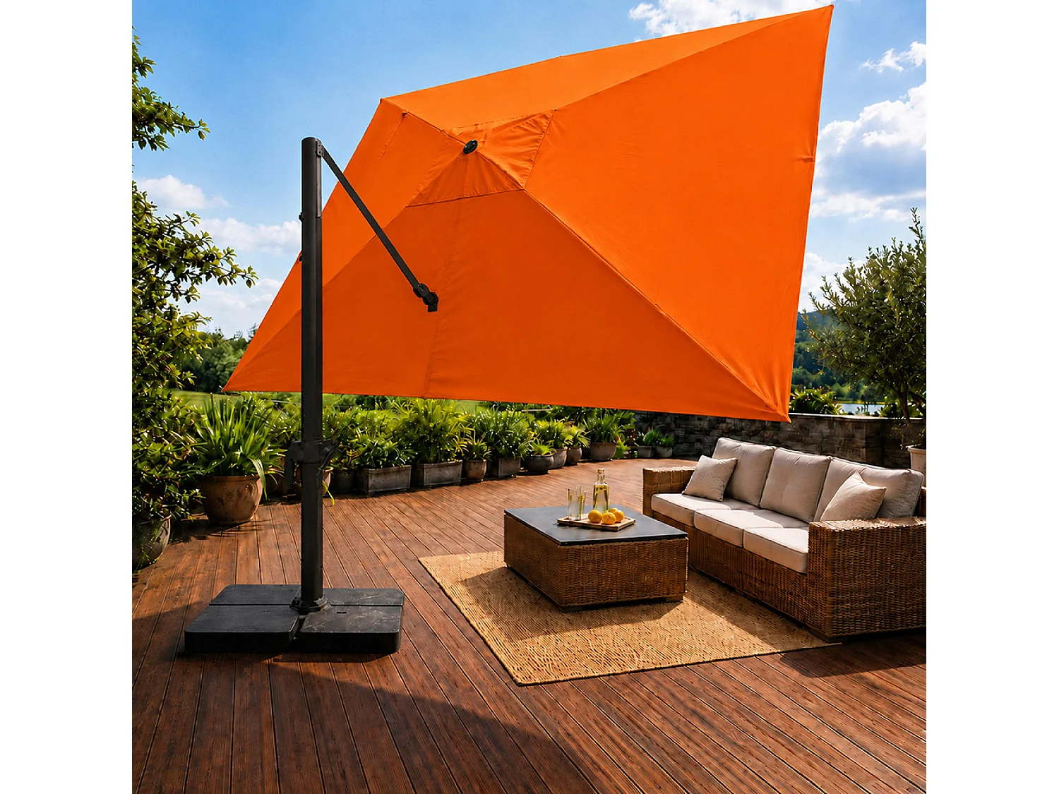 Parasol rectangulaire 3x4 déporté rotatif orange en aluminium CEZIR
