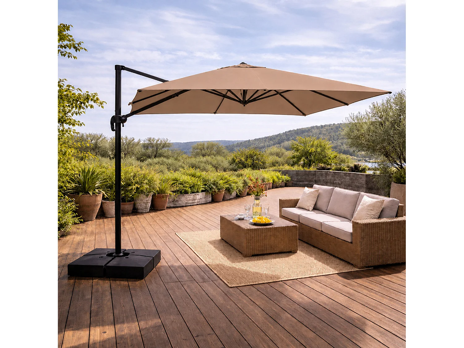 Parasol rectangulaire 3x4 déporté rotatif taupe en aluminium CEZIR