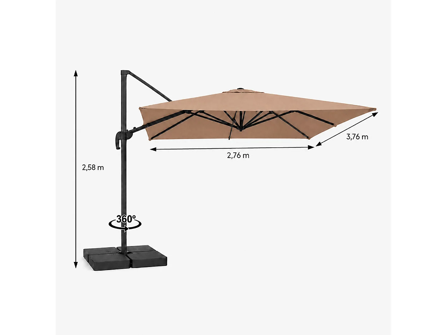 Parasol rectangulaire 3x4 déporté rotatif taupe en aluminium CEZIR