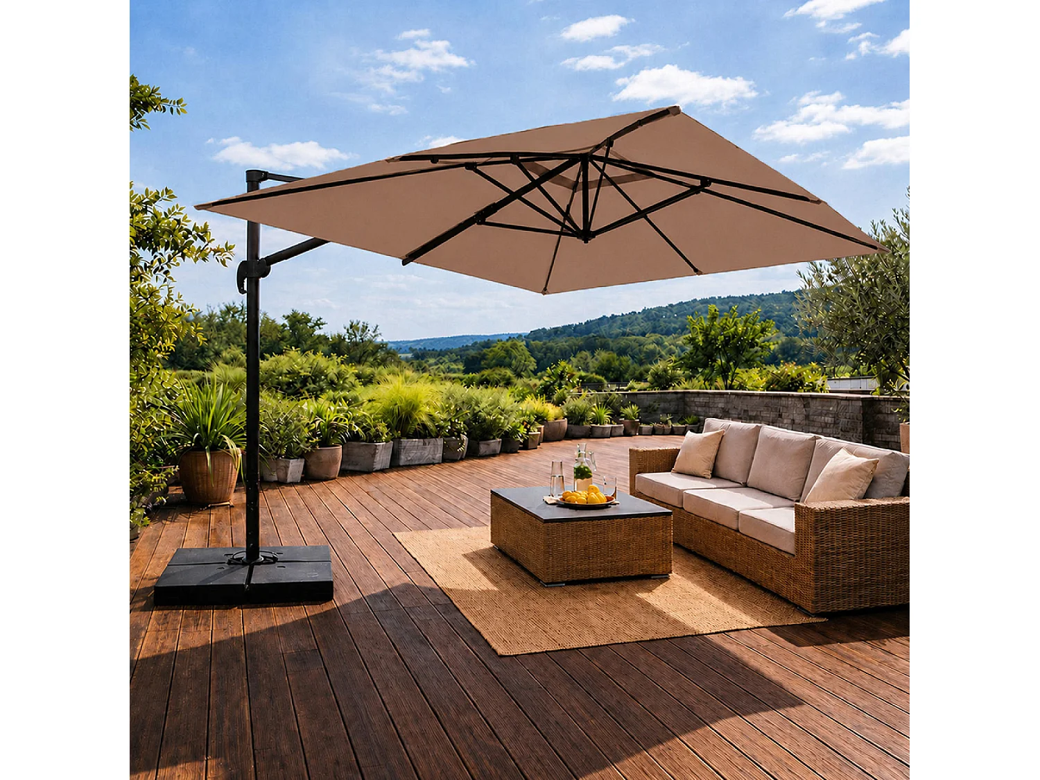 Parasol rectangulaire 3x4 déporté rotatif taupe en aluminium CEZIR