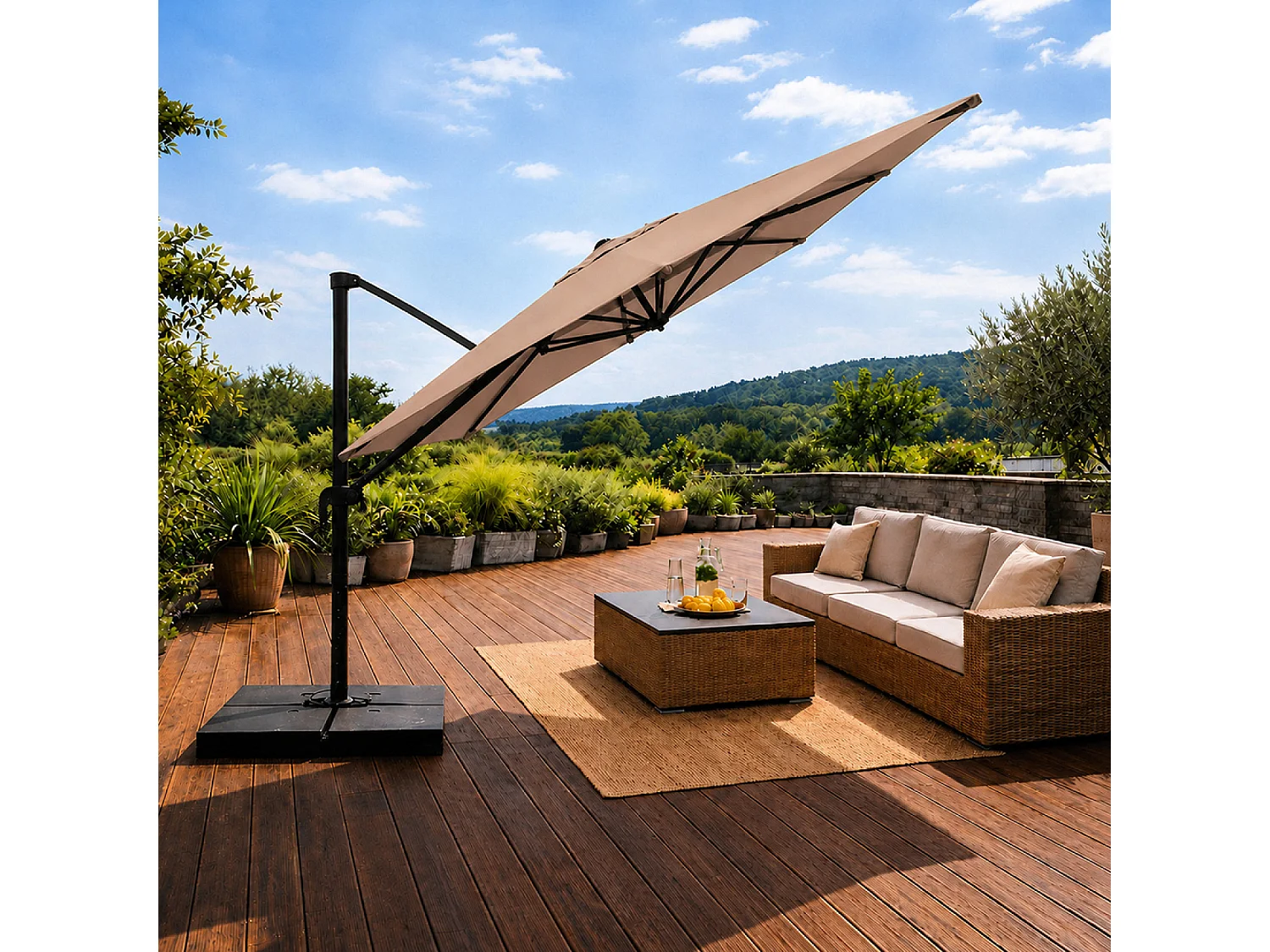 Parasol rectangulaire 3x4 déporté rotatif taupe en aluminium CEZIR