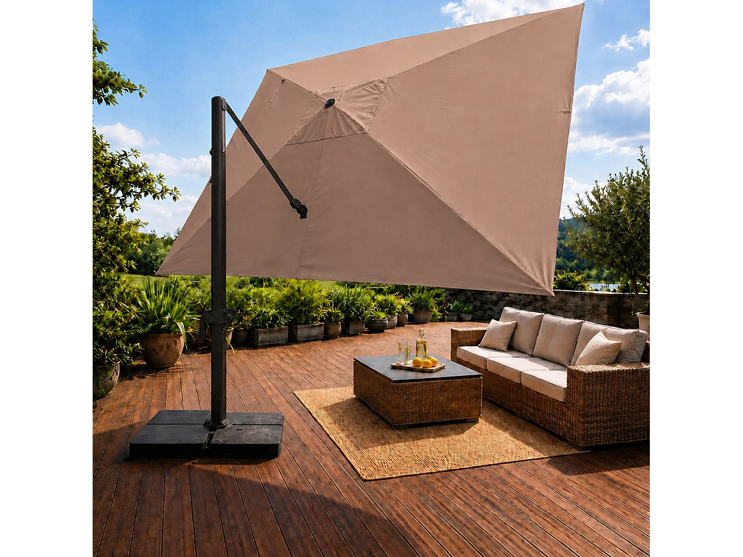 Parasol rectangulaire 3x4 déporté rotatif taupe en aluminium CEZIR
