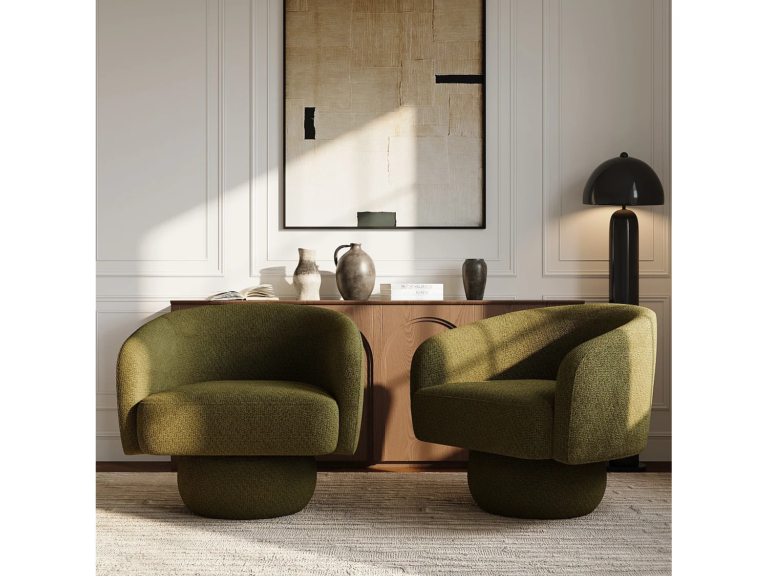 Fauteuil pivotant ARLO en velours bouclé vert vintage 74x68cm