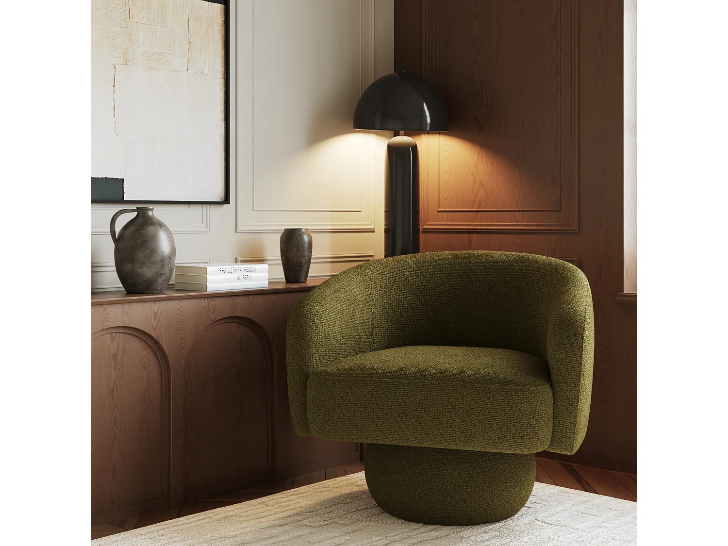 Fauteuil pivotant ARLO en velours bouclé vert vintage 74x68cm