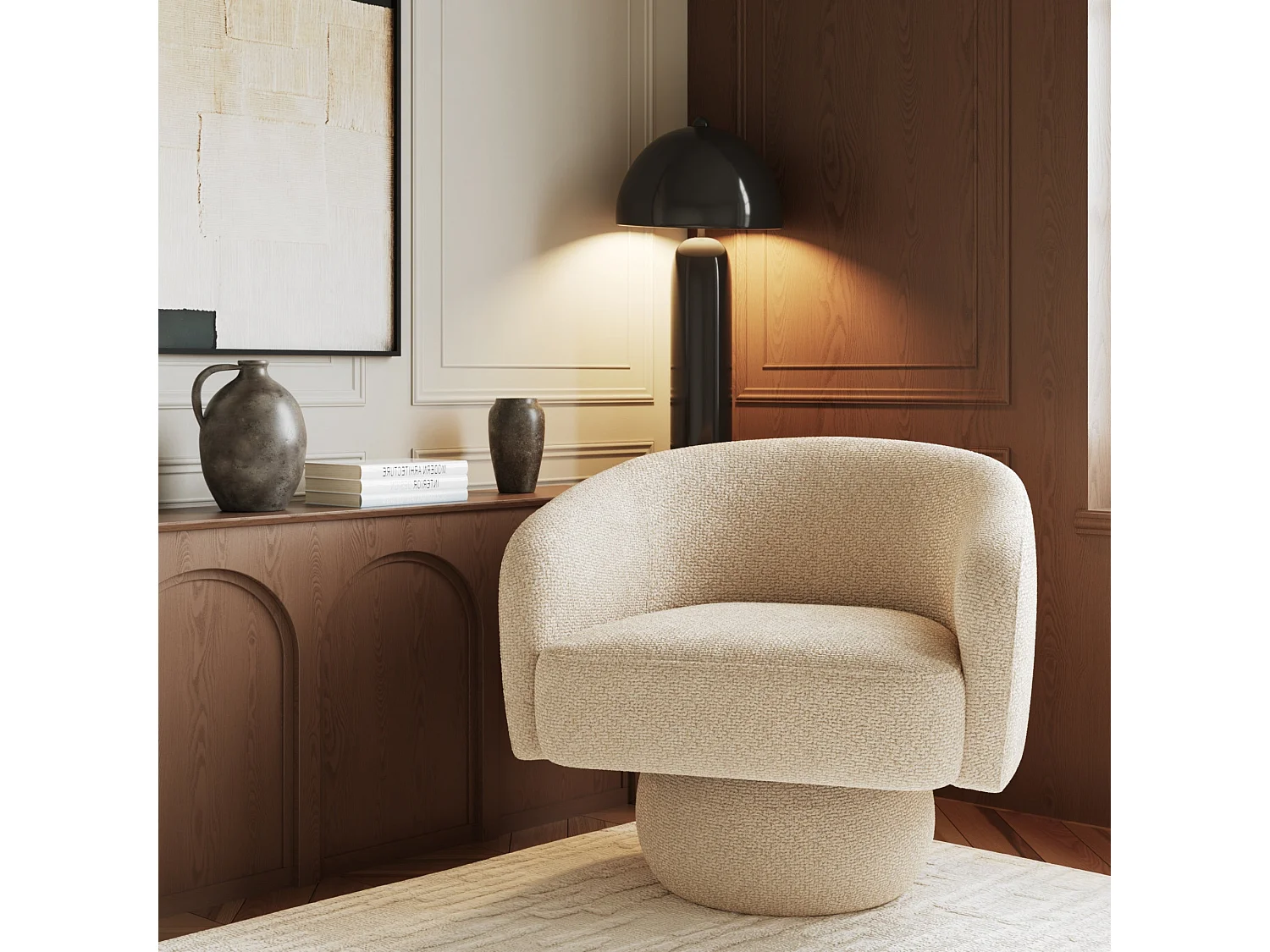 Fauteuil pivotant ARLO en velours bouclé beige 74x68cm
