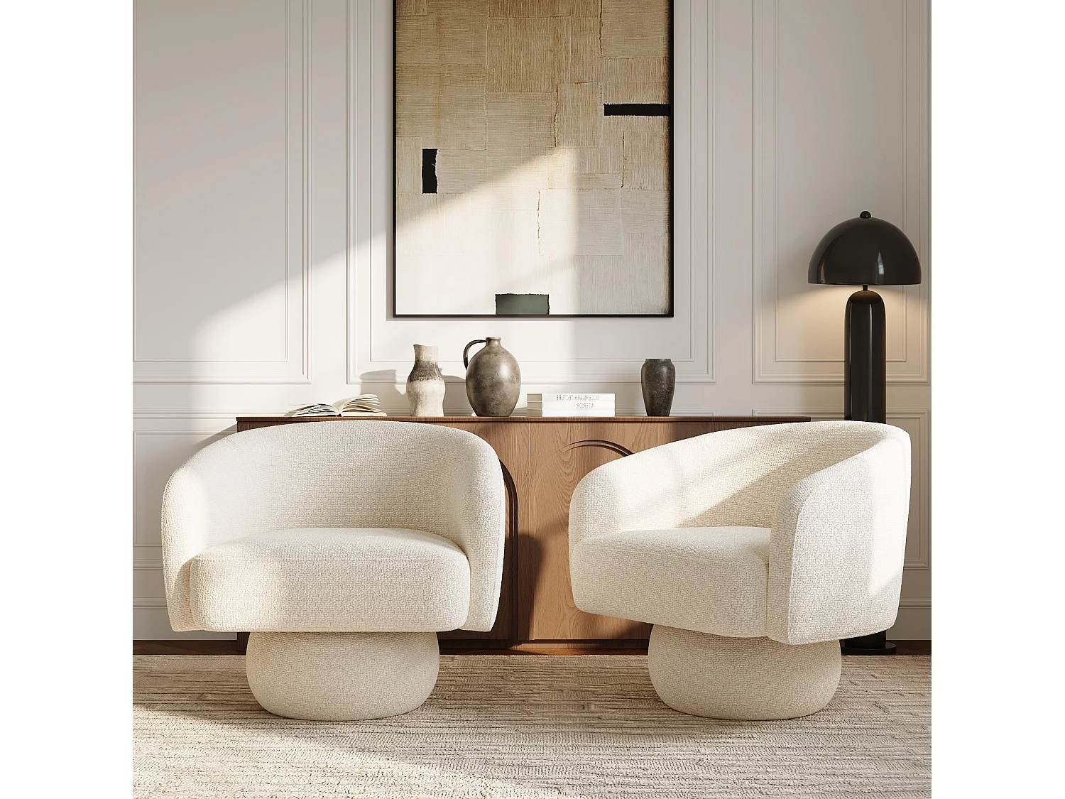 Fauteuil pivotant ARLO en velours bouclé crème 74x68cm