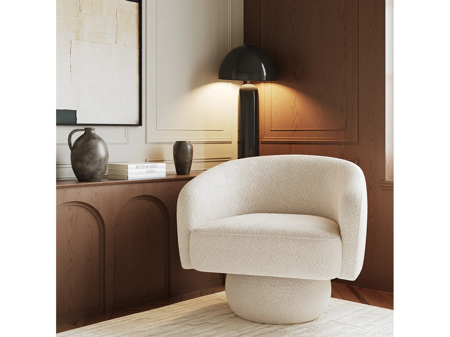 Fauteuil pivotant ARLO en velours bouclé crème 74x68cm