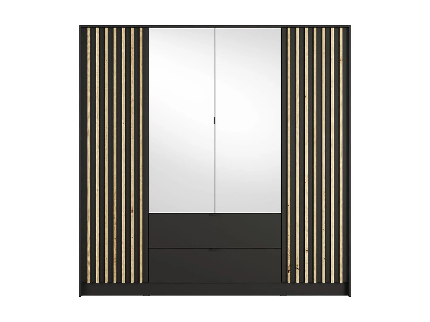 Armoire TORVIK 4 portes avec miroirs, tiroirs et tasseaux noir et chêne 200 cm