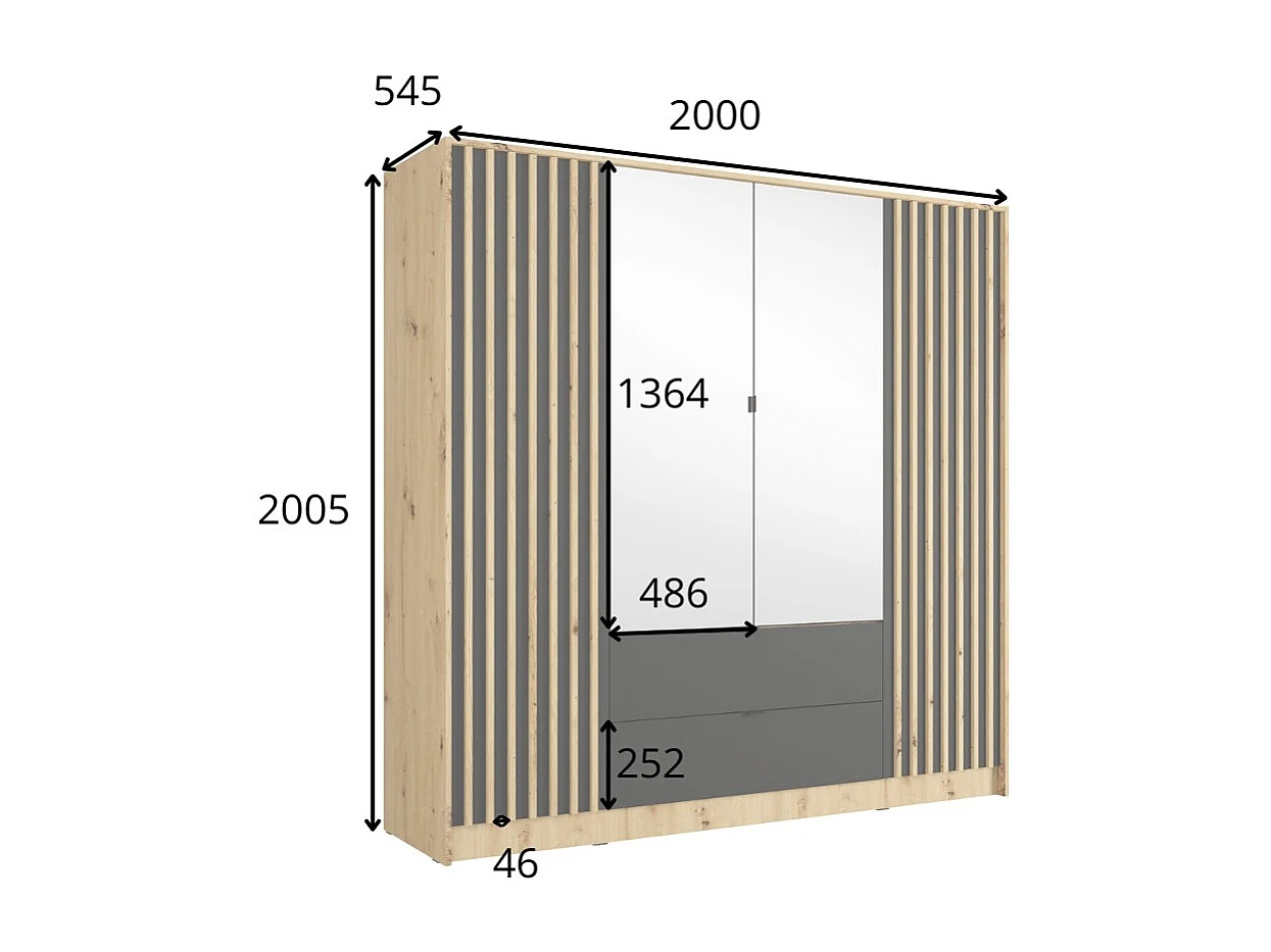 Armoire TORVIK 4 portes avec miroirs, tiroirs et tasseaux noir et chêne 200 cm