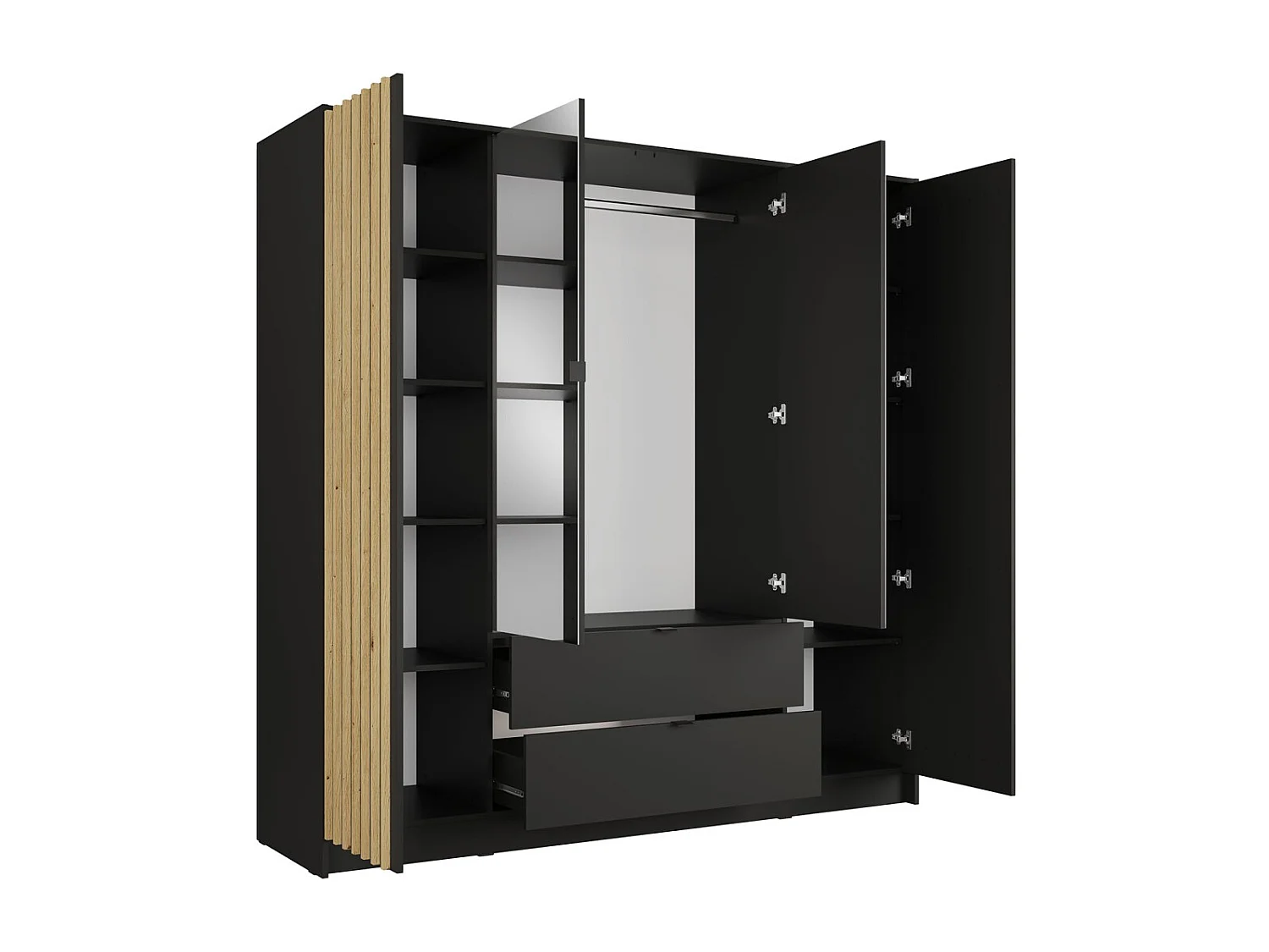 Armoire TORVIK 4 portes avec miroirs, tiroirs et tasseaux noir et chêne 200 cm