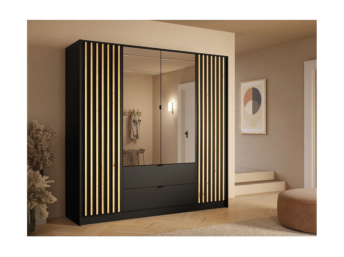 Armoire TORVIK 4 portes avec miroirs, tiroirs et tasseaux noir et chêne 200 cm