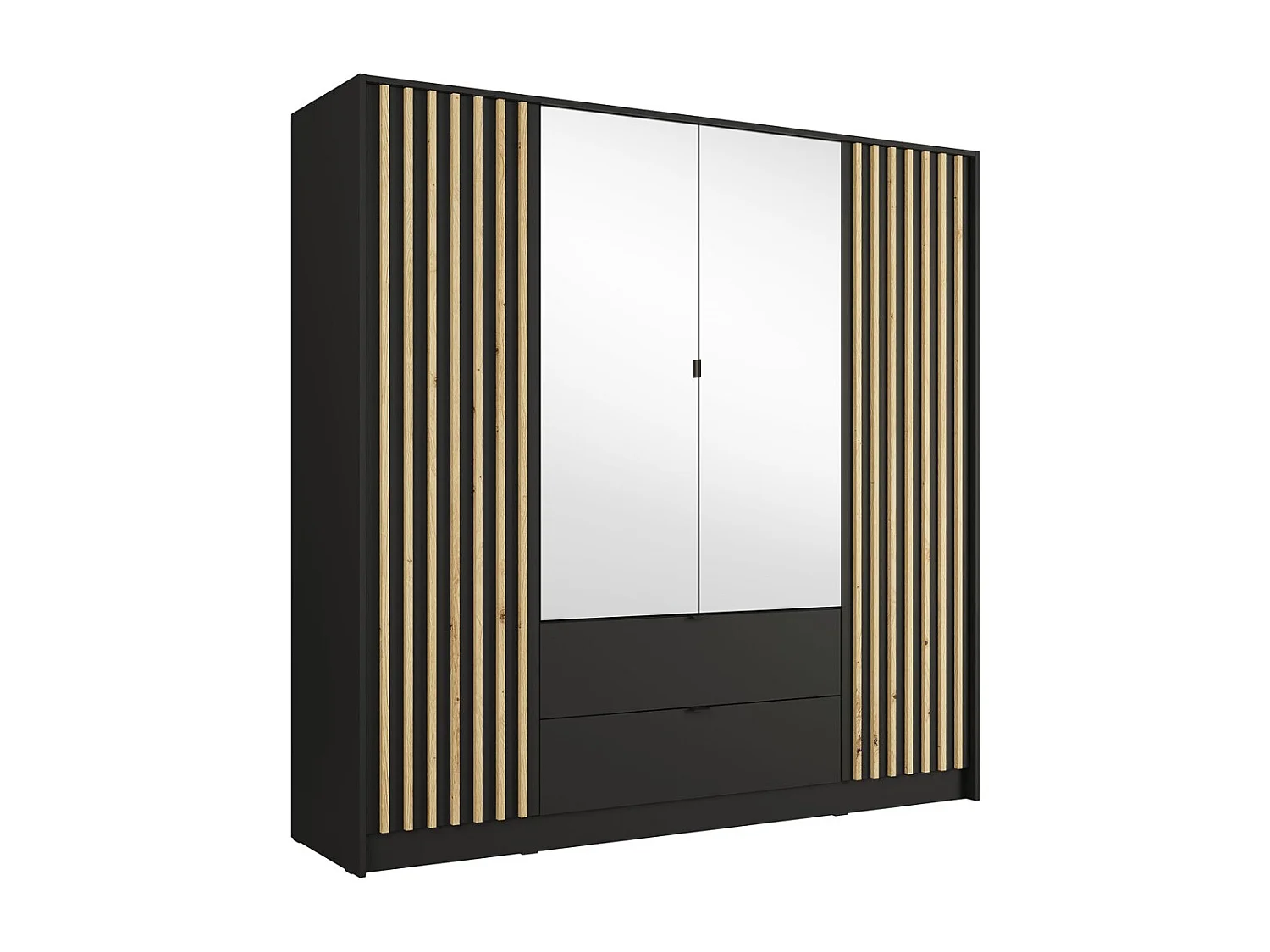 Armoire TORVIK 4 portes avec miroirs, tiroirs et tasseaux noir et chêne 200 cm