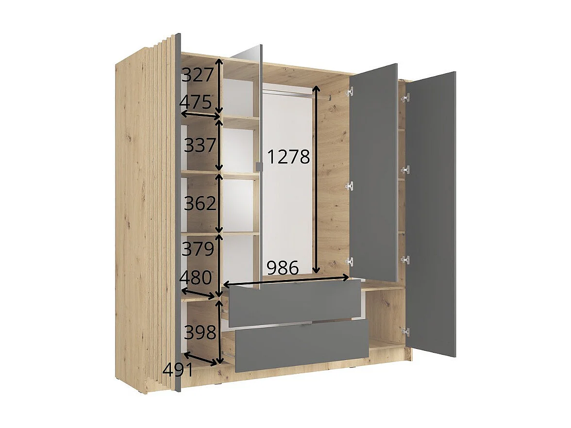 Armoire TORVIK 4 portes avec miroirs, tiroirs et tasseaux noir et chêne 200 cm