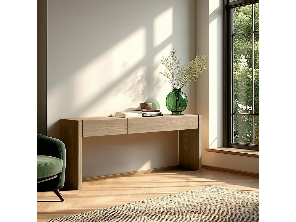 ELLA - Console L160 couleur naturelle 3 tiroirs design arrondi