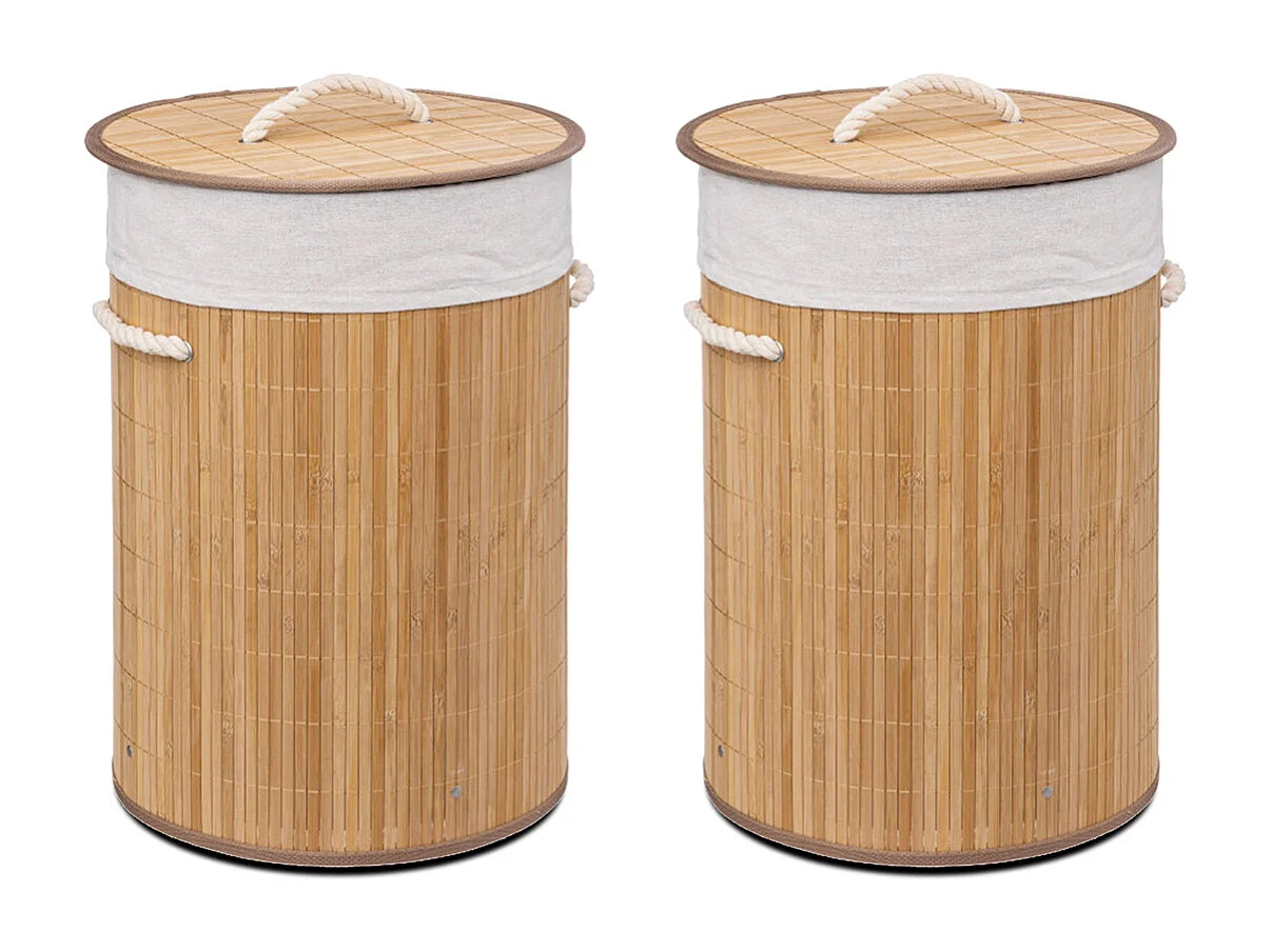 Lot de 2 Panier à Linge Rond en Bambou avec Couvercle et Doublure Amovible,capacité 48L-Diamètre 35 x Hauteur 50 cm-JUANIO