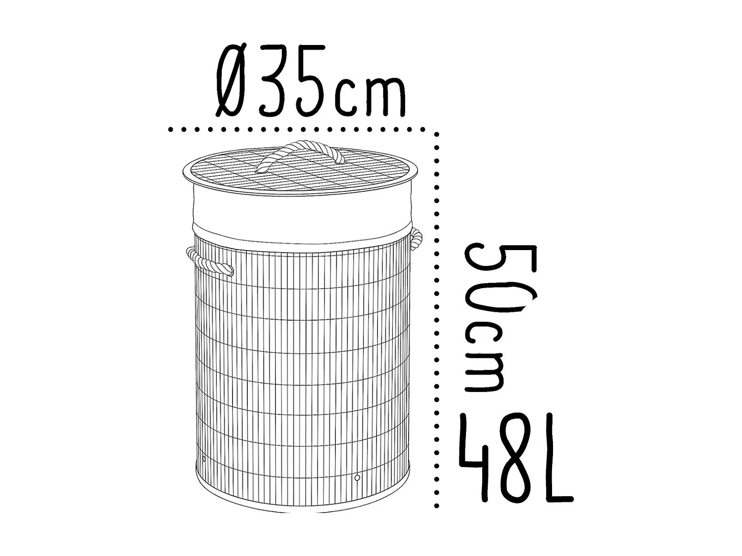 Lot de 2 Panier à Linge Rond en Bambou avec Couvercle et Doublure Amovible,capacité 48L-Diamètre 35 x Hauteur 50 cm-JUANIO
