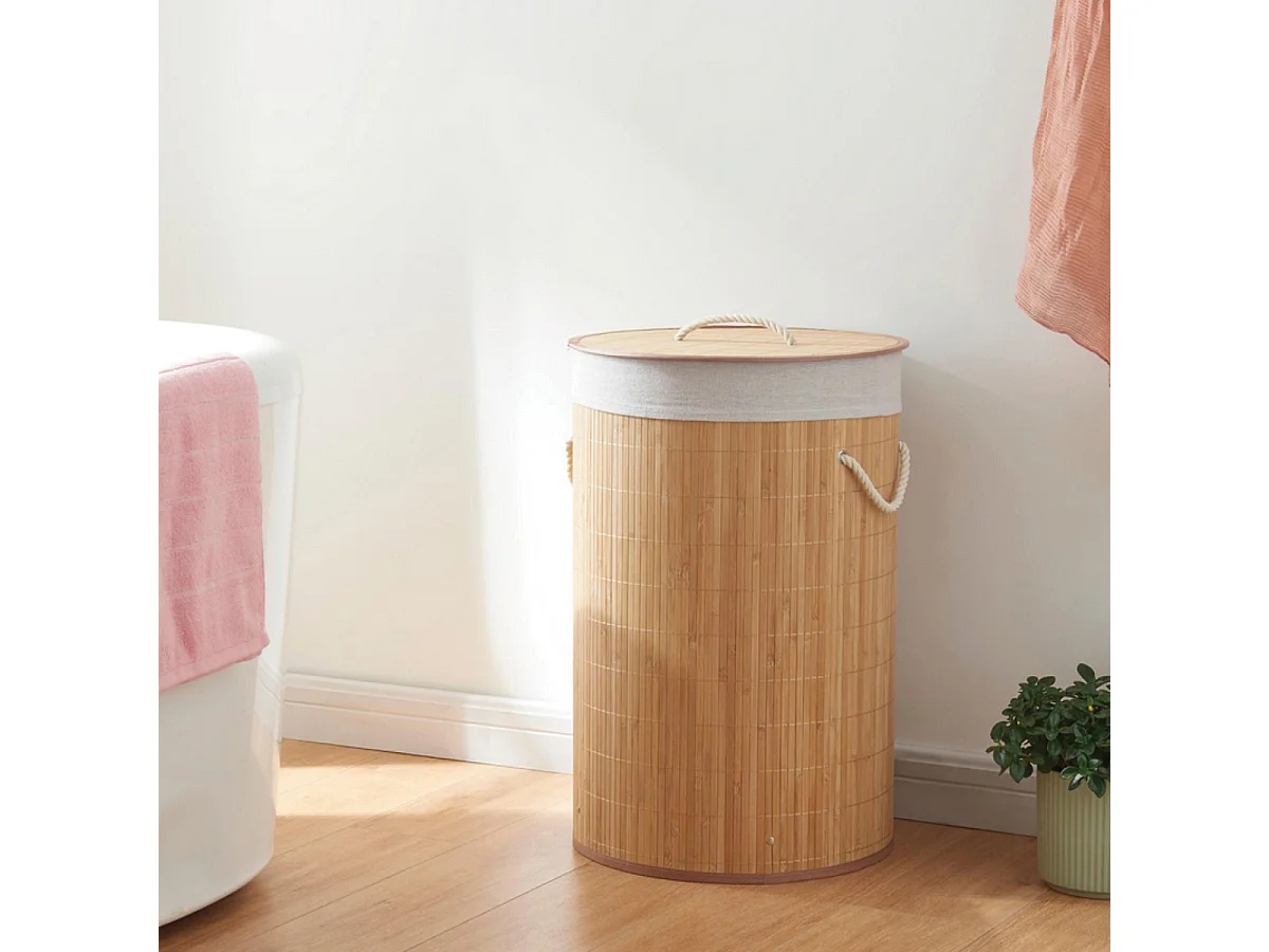 Panier à Linge Rond en Bambou avec Couvercle,Corbeille avec Doublure Amovible,capacité 48L-Diamètre 35 x Hauteur 50 cm-JUANIO