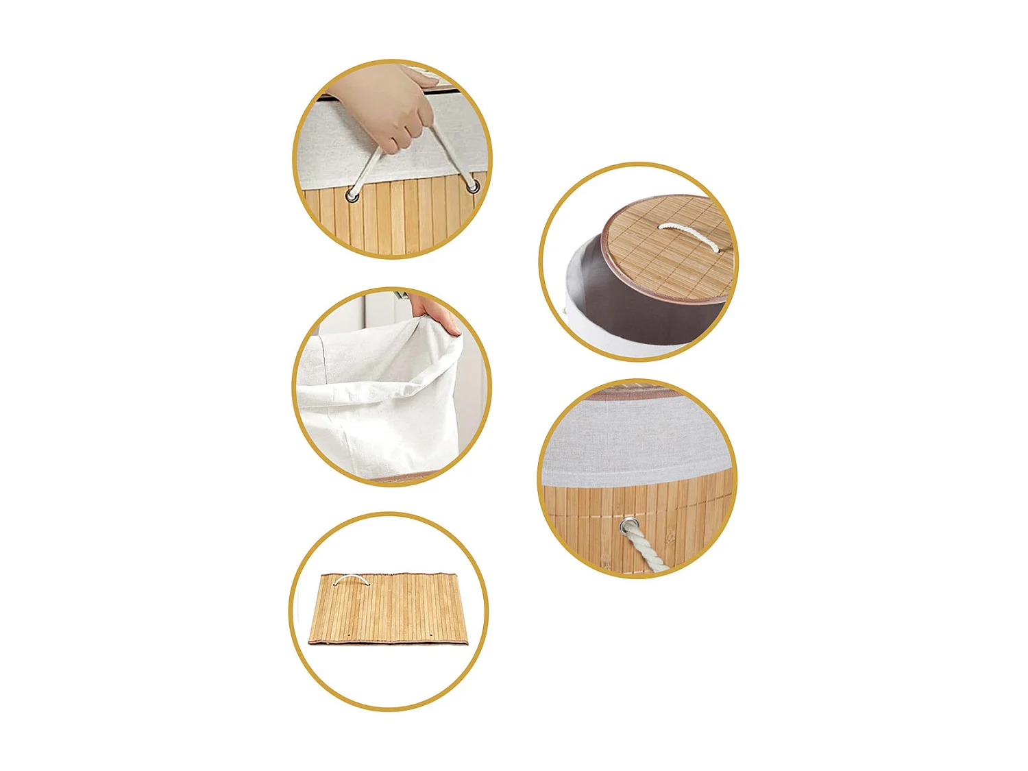 Panier à Linge Rond en Bambou avec Couvercle,Corbeille avec Doublure Amovible,capacité 48L-Diamètre 35 x Hauteur 50 cm-JUANIO