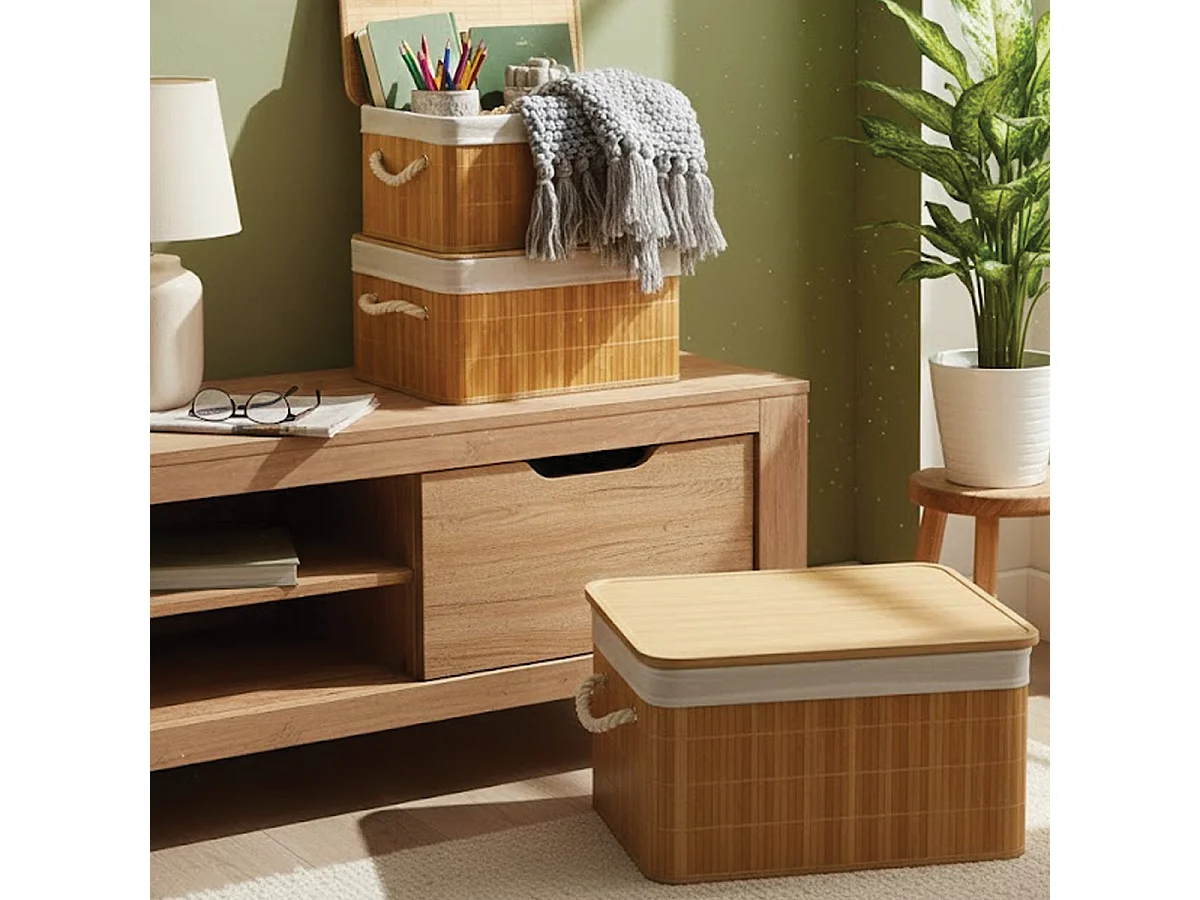 Lot de 3 Paniers de Rangement Rectangulaires en Bambou avec Couvercle,Corbeilles à Linge Multi-Tailles,bois naturel-JUANIO