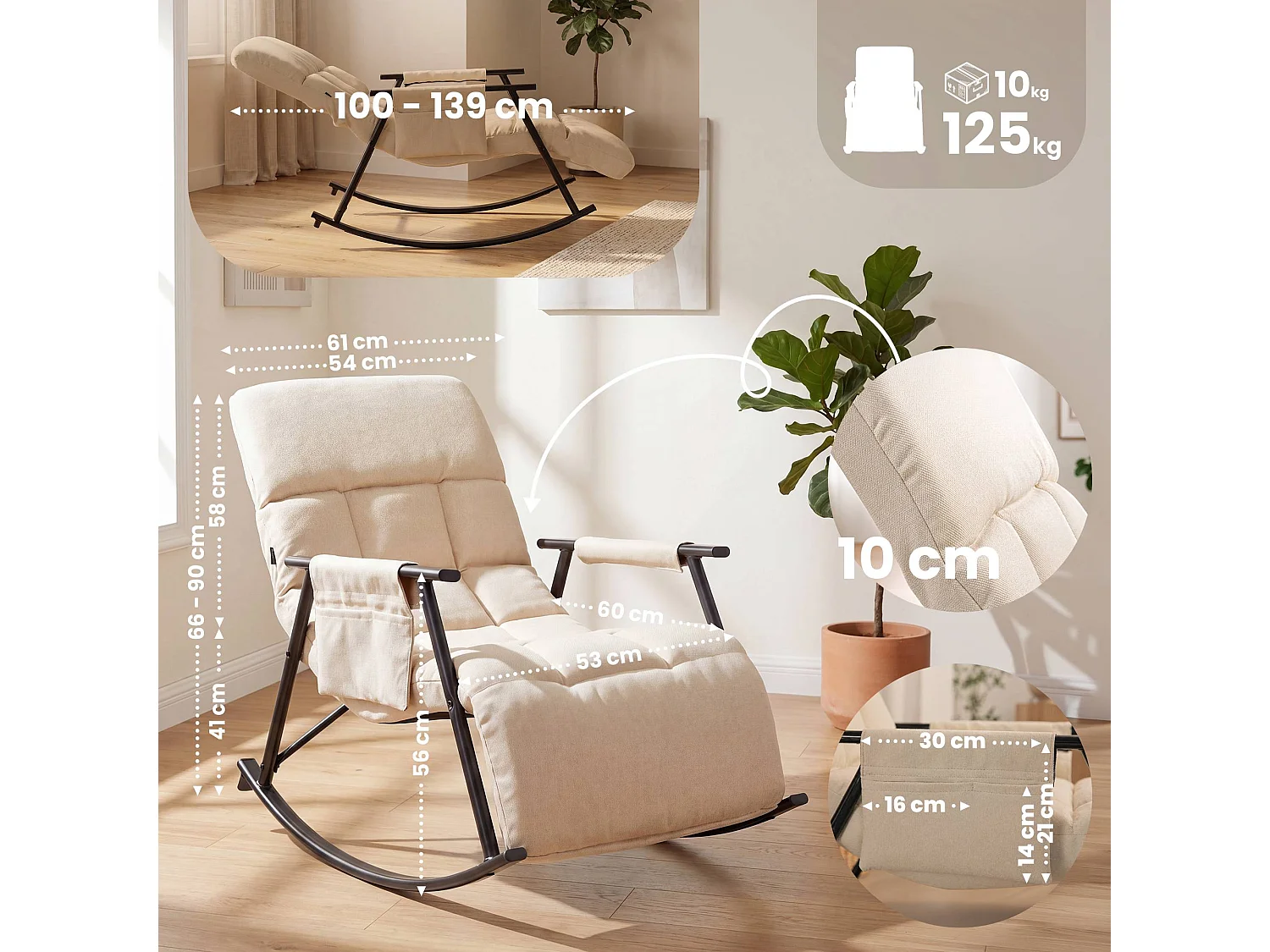 Fauteuil à bascule - Tissu - Crème - Elara