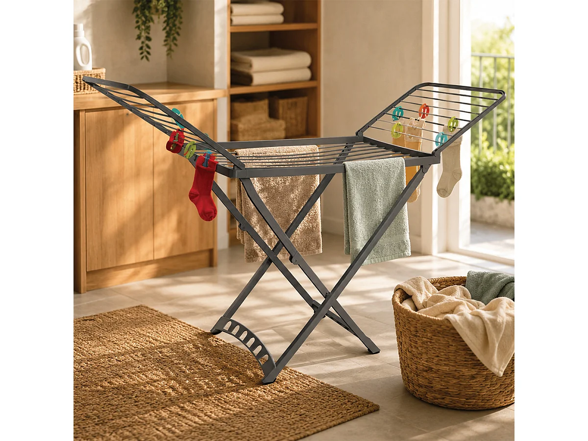 Étendoir séchoir à linge pliable avec Pinces à Chaussettes,gris anthracite-Longueur 170 cm × Largeur 55 cm × Hauteur 100cm-JUANIO