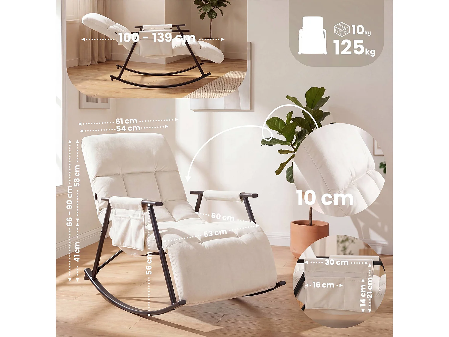 Fauteuil à bascule - Velours - Crème - Elara