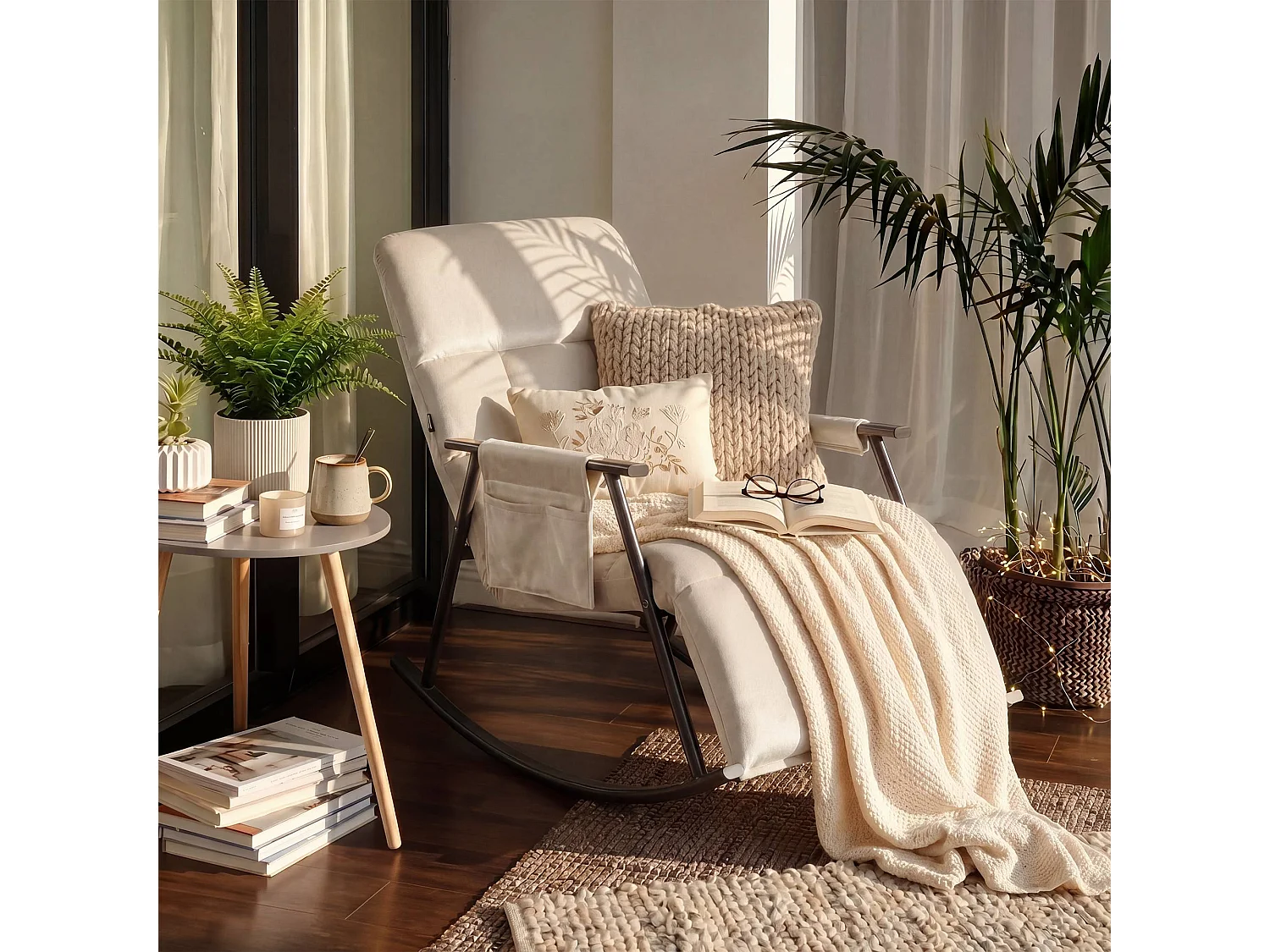 Fauteuil à bascule - Velours - Crème - Elara