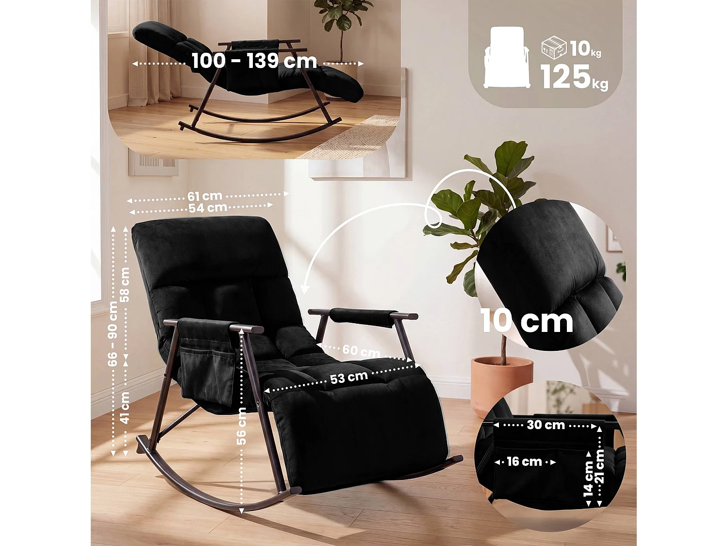 Fauteuil à bascule - Velours - Noir - Elara