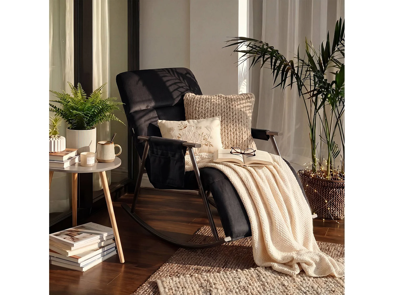 Fauteuil à bascule - Velours - Noir - Elara
