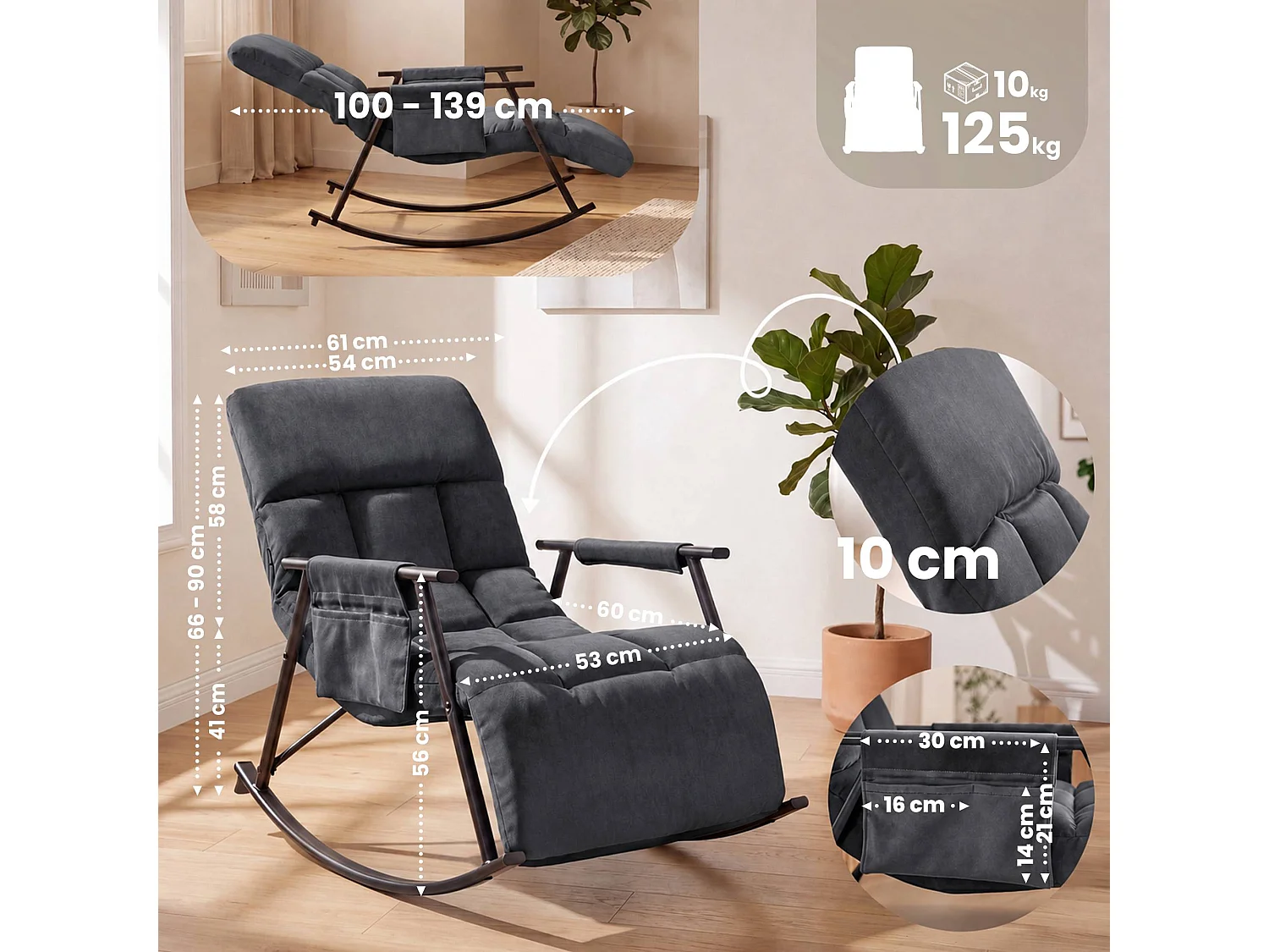 Fauteuil à bascule - Velours - Gris foncé - Elara