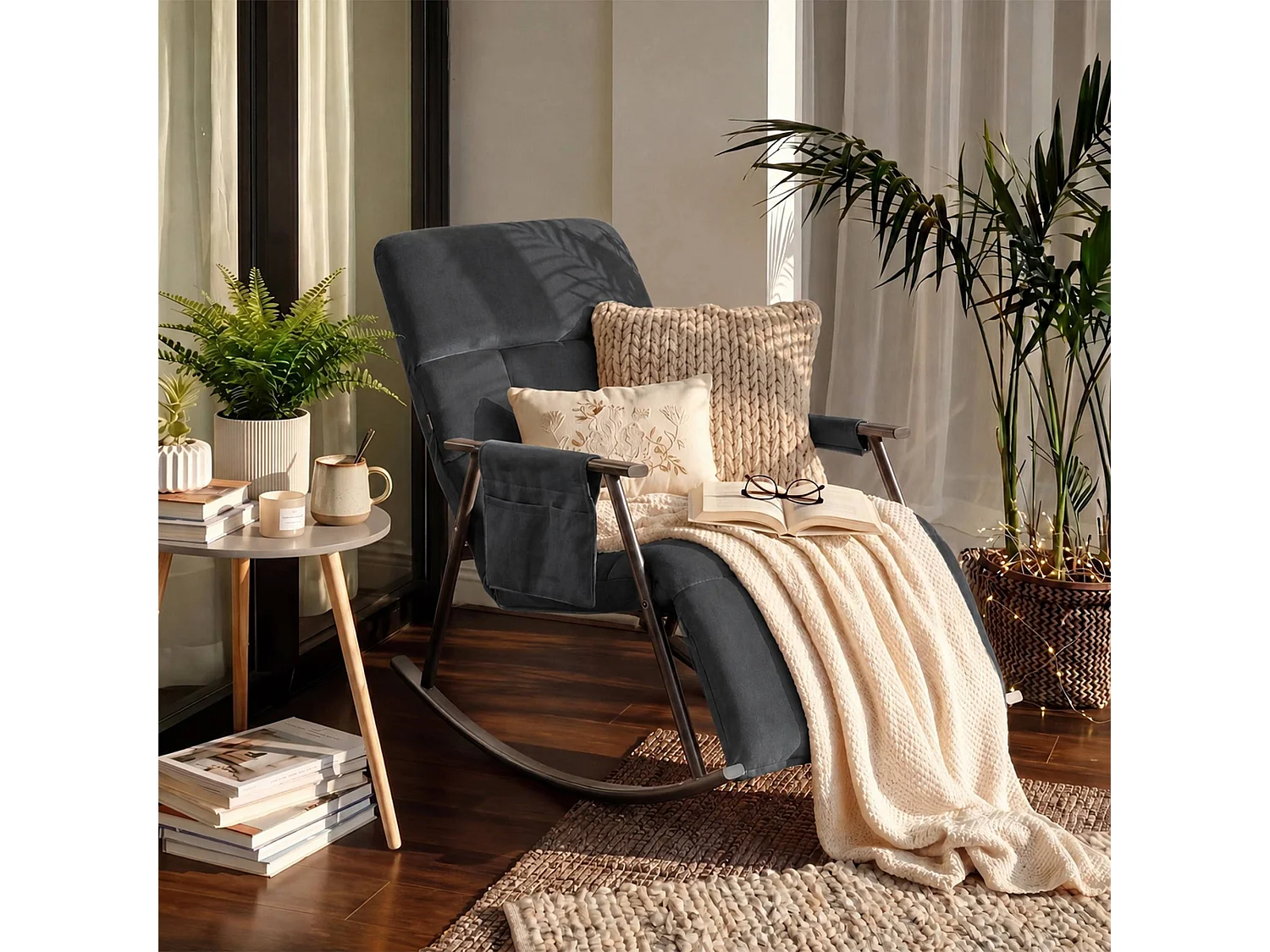 Fauteuil à bascule - Velours - Gris foncé - Elara