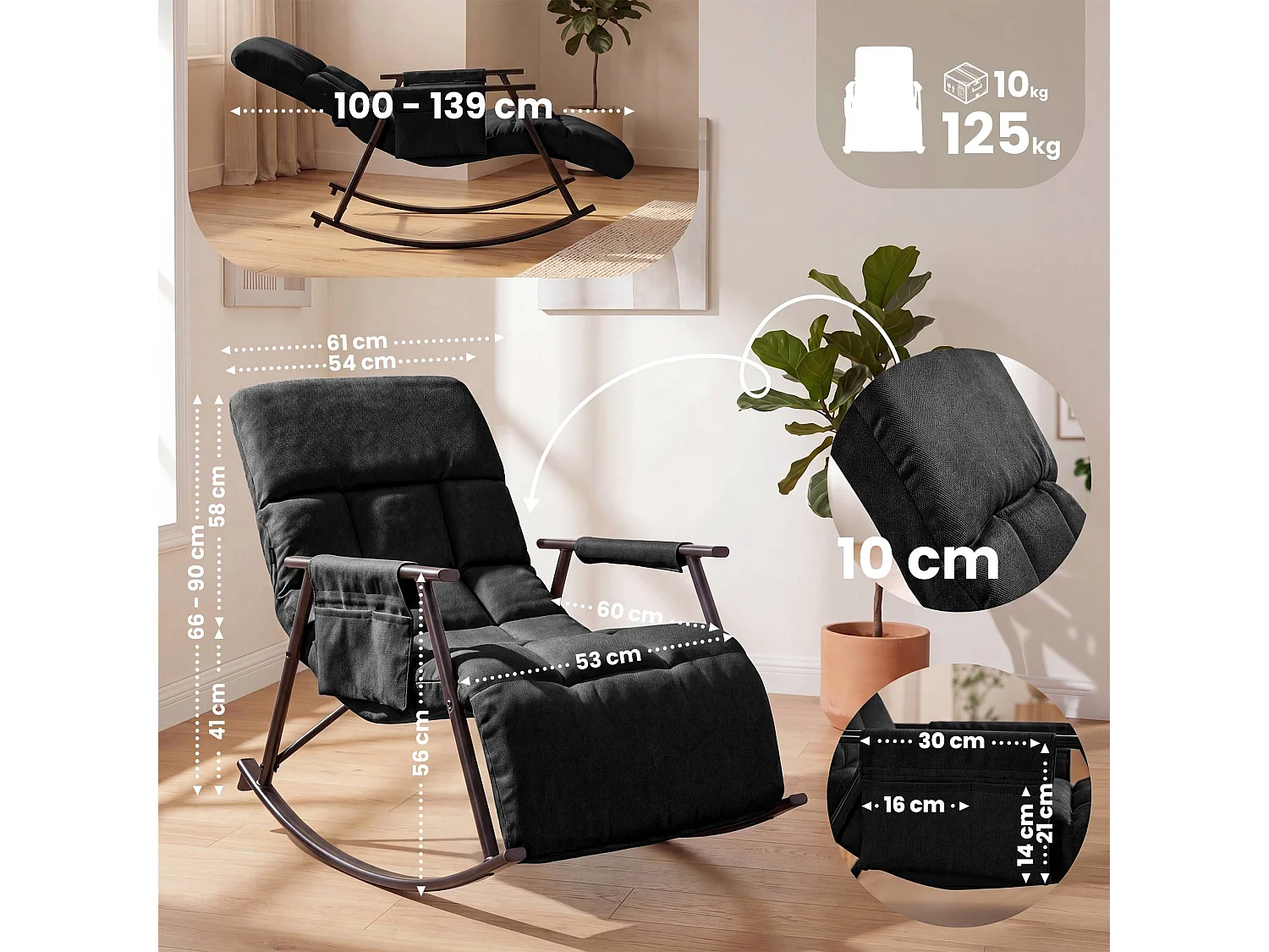 Fauteuil à bascule - Tissu - Gris foncé - Elara