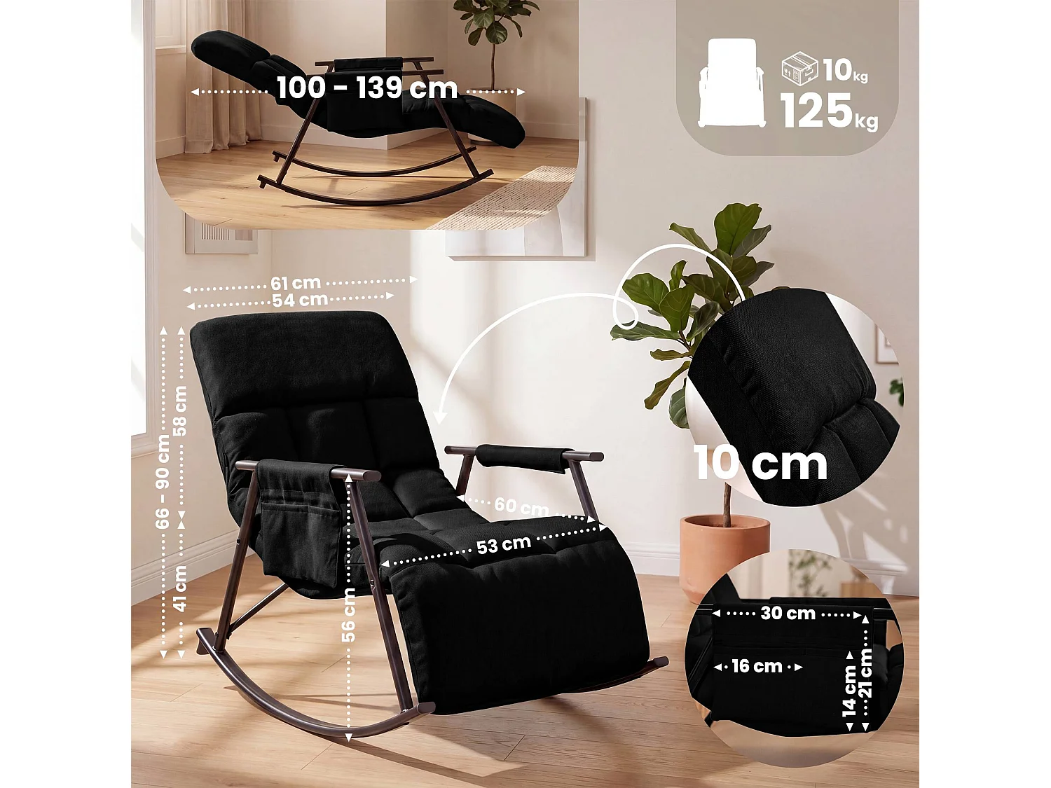 Fauteuil à bascule - Tissu - Noir - Elara