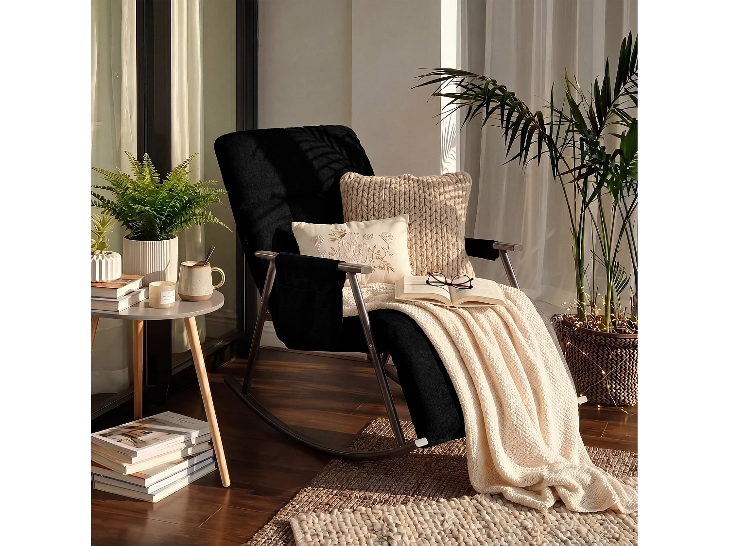 Fauteuil à bascule - Tissu - Noir - Elara
