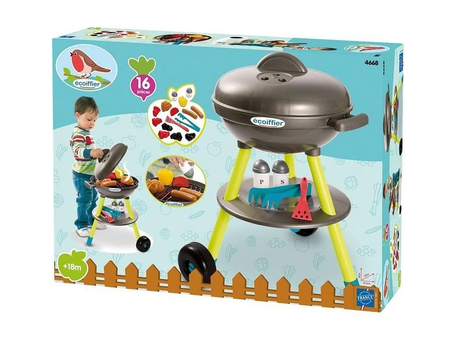 Ecoiffier Kinder Holzkohle BBQ Set mit 16 Zubehörteilen - Realistisches Spielerlebnis für Kinder