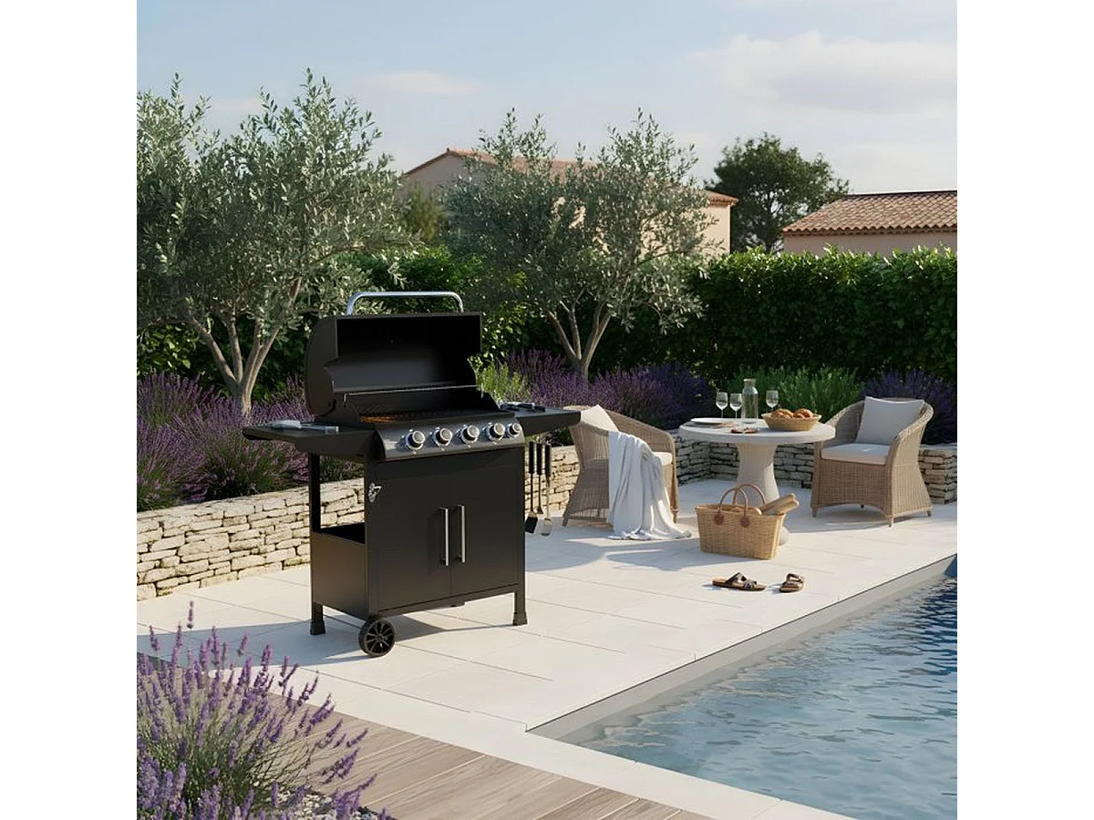 Cookingbox PAARL 4SB Gasgrill mit 4 Hauptbrennern + Seitenbrenner, Schwarz, 15 kW Leistung, Aufbewahrungstruhe