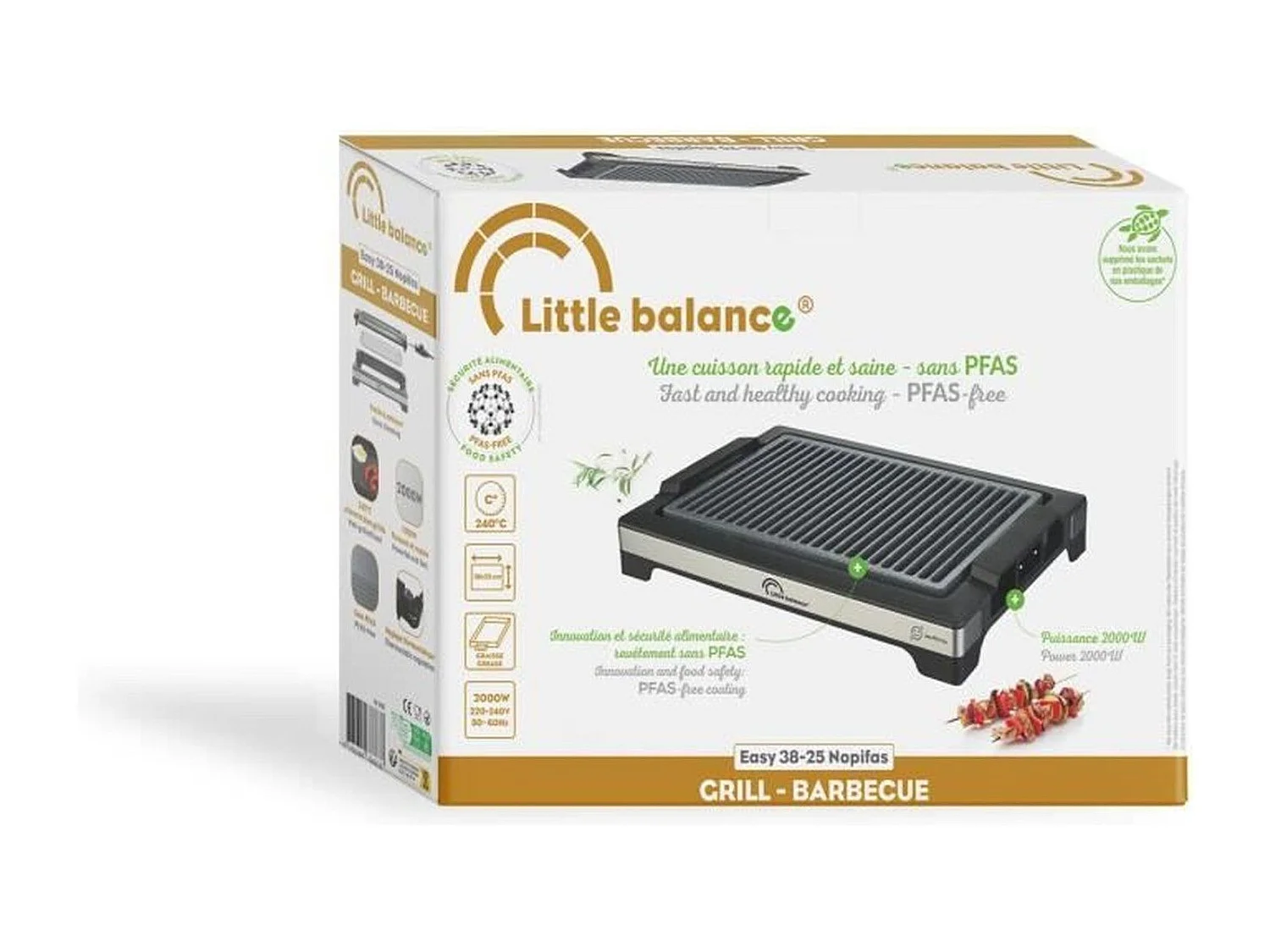 Pequeña Barbacoa Eléctrica Little Balance Easy 2000W - Revestimiento de Cerámica 38x25cm, Cocina sin Humo, Termostato Ajustable
