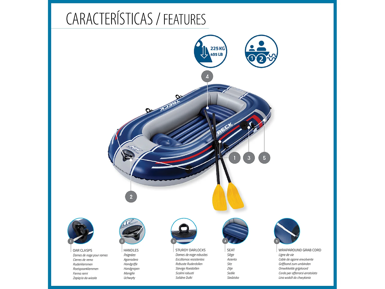 Bateau gonflable pour 2 adultes et 1 enfant Bestway Hydro-Force Treck X2 255 x 127 x 36 cm, avec 2 rames et une pompe à pied incluse