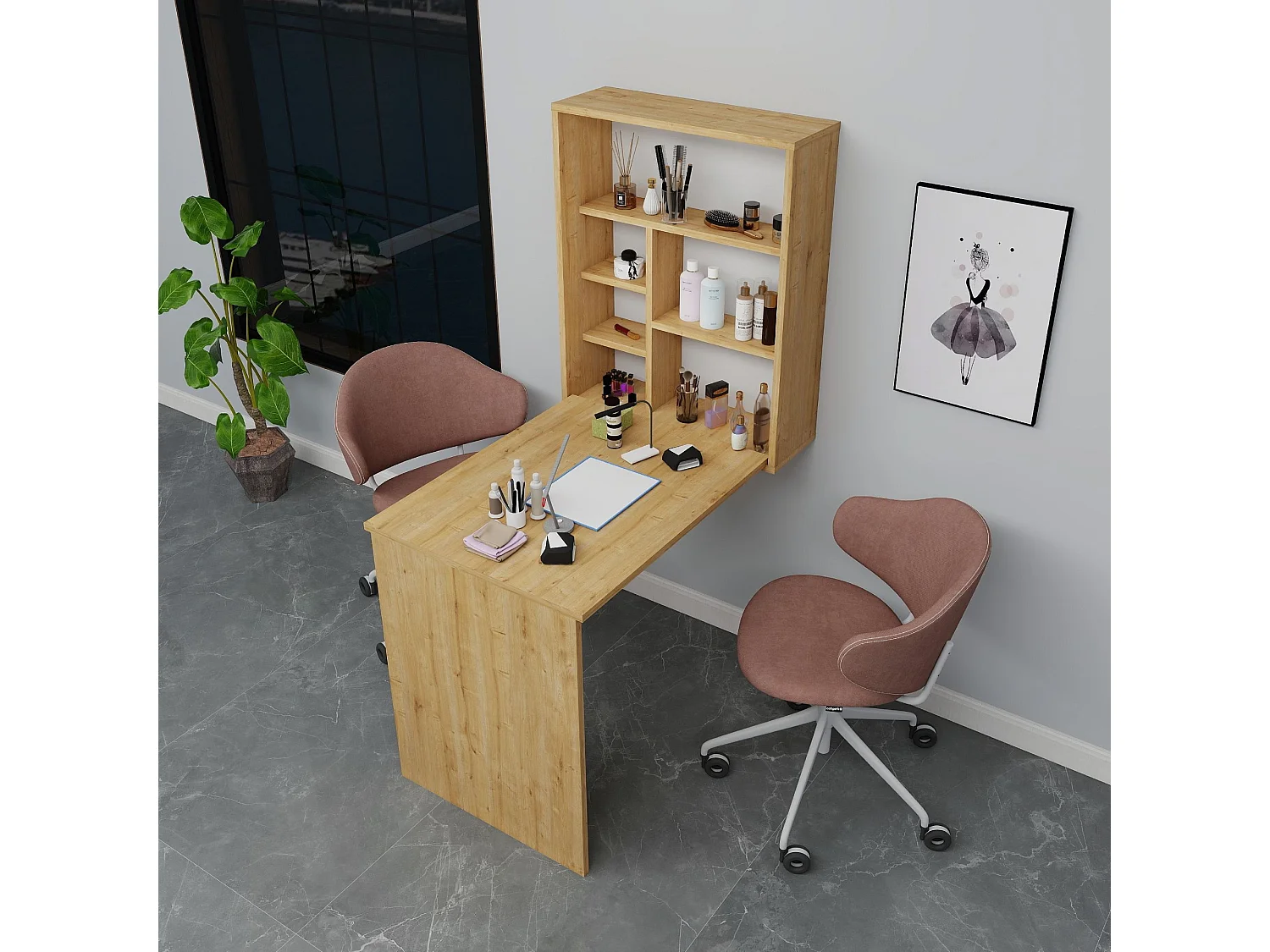 Table de maquillage en bois "Sedir" - 90 x 59 x 74 cm - Beige