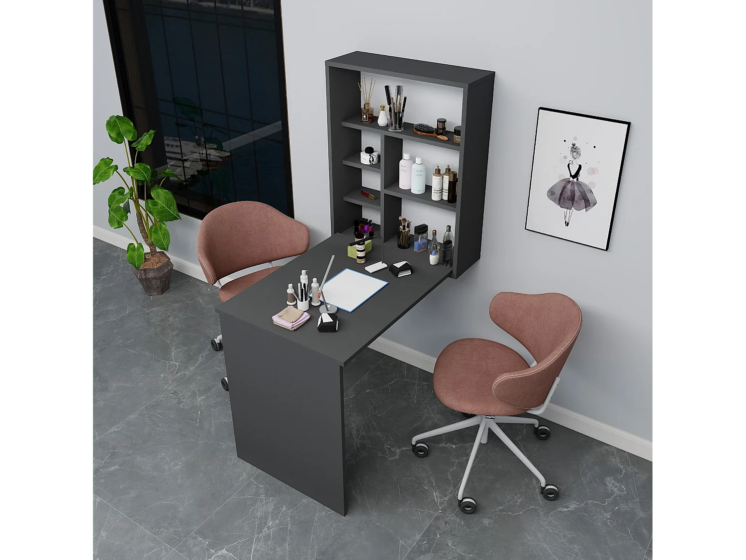 Table de maquillage en bois "Sedir" - 90 x 59 x 74 cm - Gris anthracite