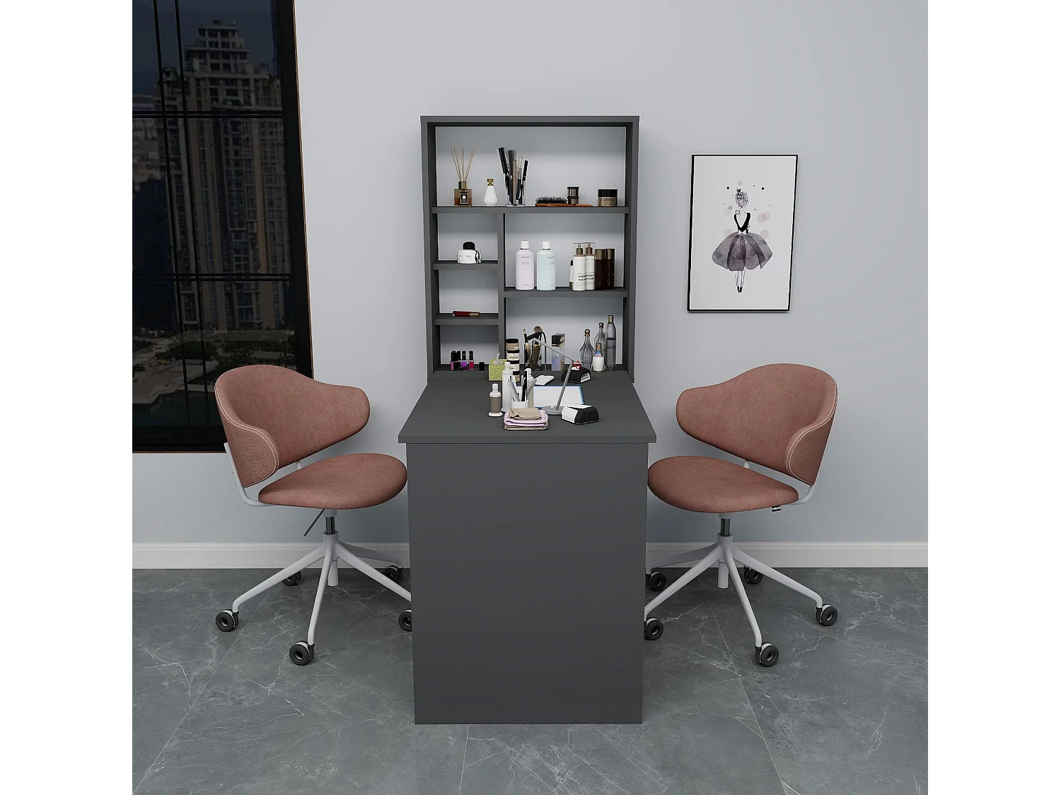 Table de maquillage en bois "Sedir" - 90 x 59 x 74 cm - Gris anthracite