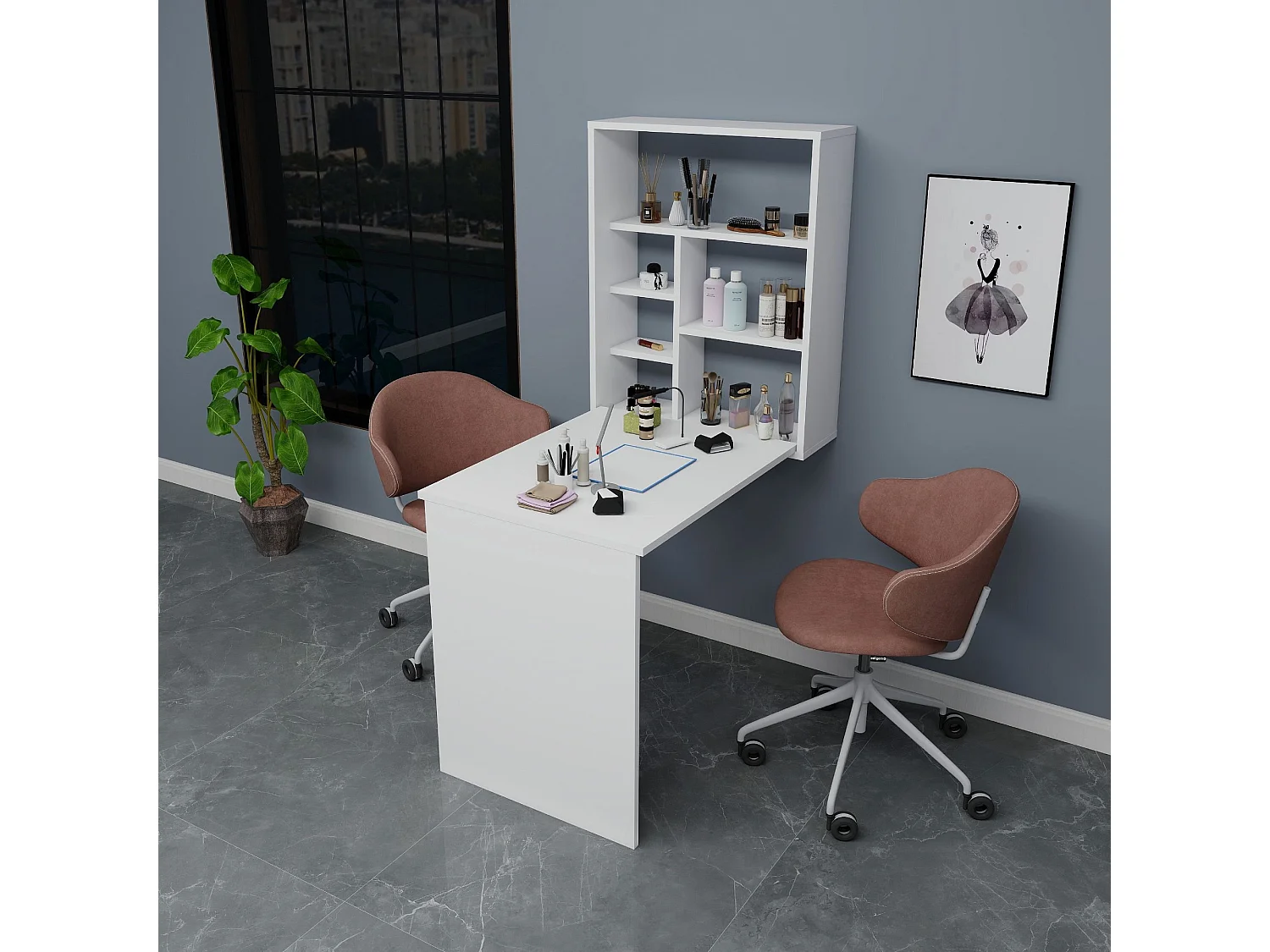 Table de maquillage en bois "Sedir" - 90 x 59 x 74 cm - Blanc